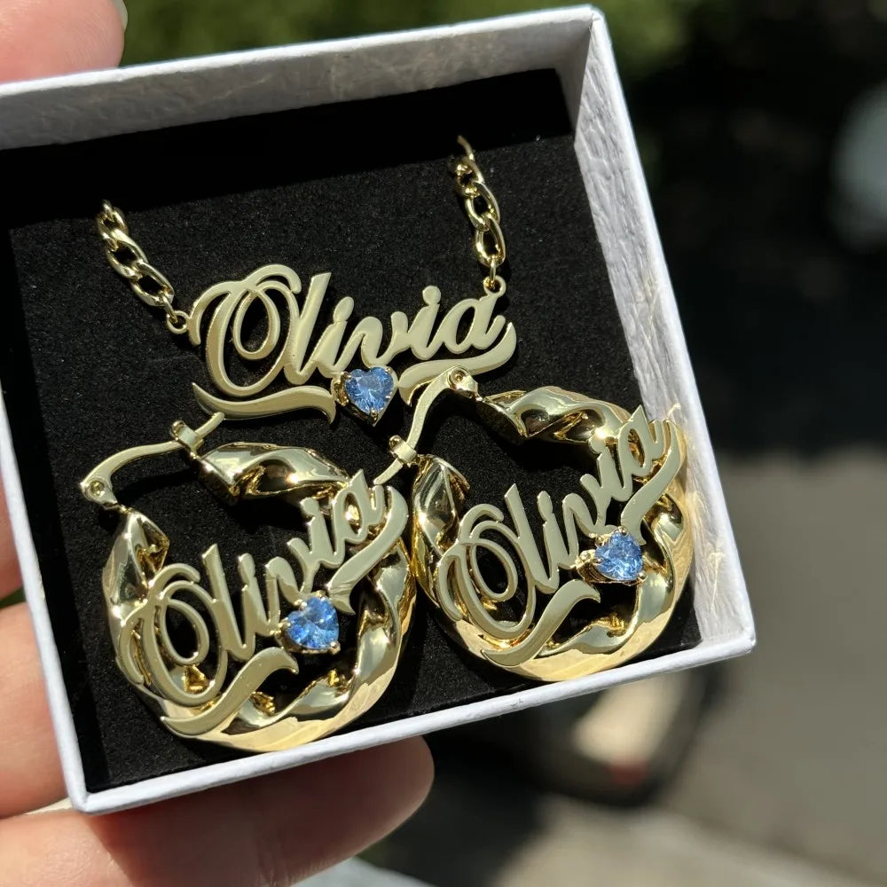 Custom Birthstone Jewelry Set Persoanlized Jewelry Pendant Necklace Hoop Earrings
