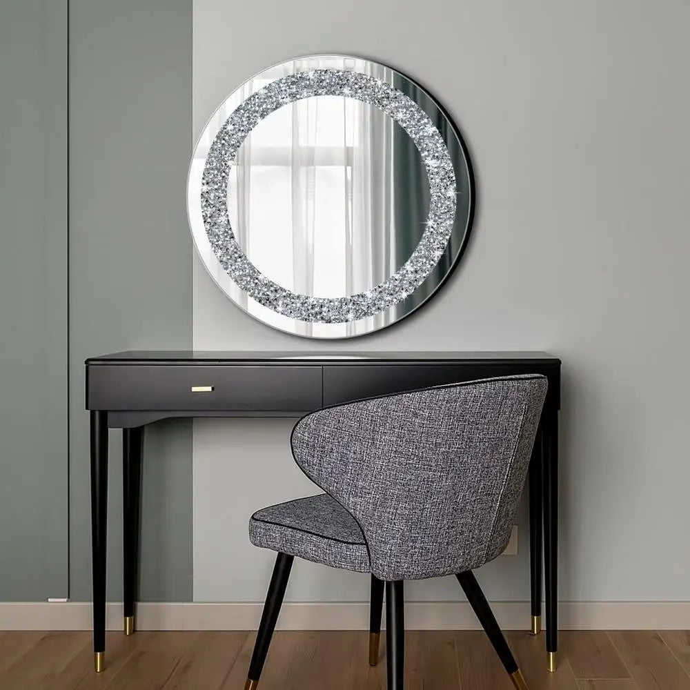 Crystal Crush Diamond Sparkly Oval Silver Wall Mirror 24x16x1 inch Frameless Bling Chic Home Decor