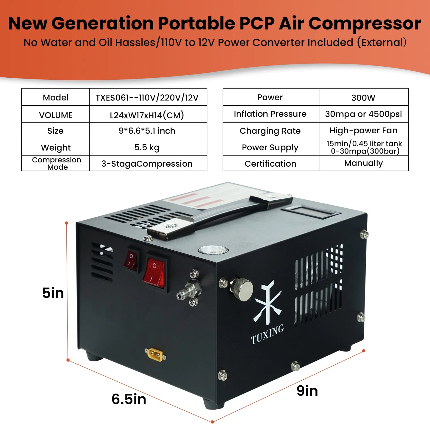 300Bar 12V PCP Air Compressor 4500Psi Portable High Pressure Compressor with Transformer for Diving Scuba Tank