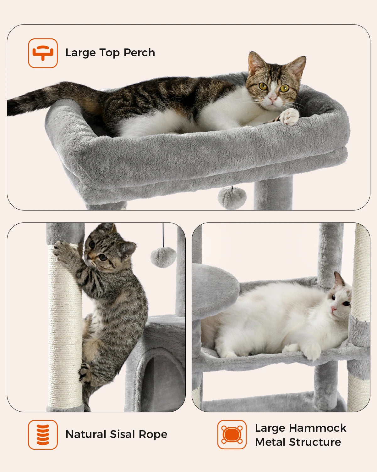 Cat Tree for Indoor Cats 5-Level Cat Tower for Large Cats
with Large Hammock Sisal Covered Scratching Posts Cozy Condo Top Perch