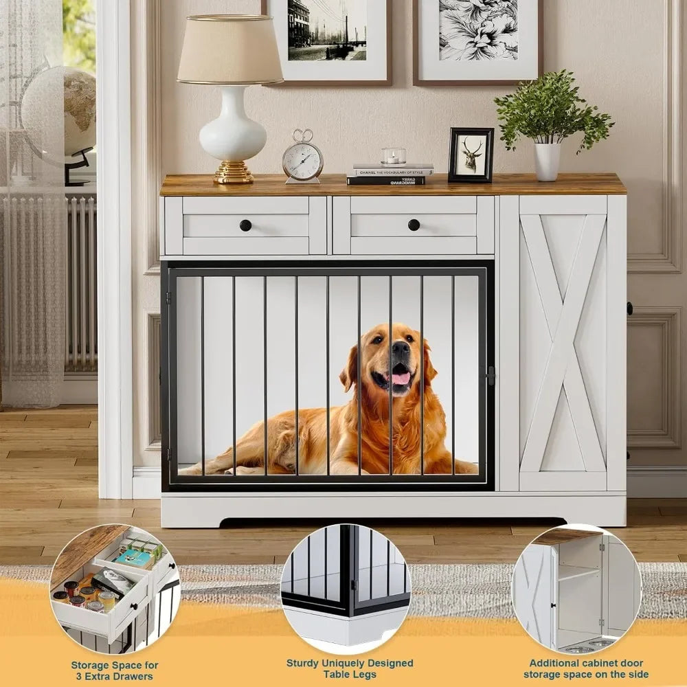 Dog Crate Furniture Kennel with Double Doors,
Wooden Pet House with 2 Drawers and Pet Feeder Station Storage Cabinet