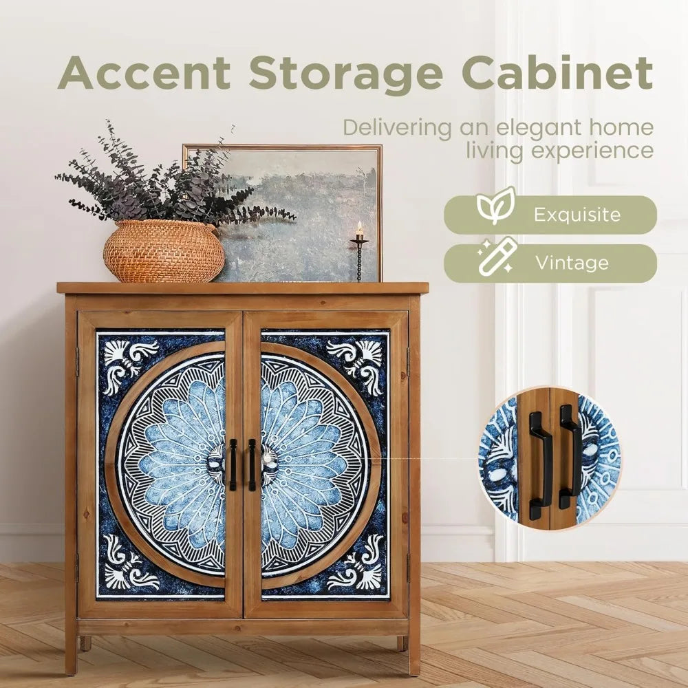 2-Door Accent Cabinet, Distressed Storage Cabinet with Blue and White Porcelain Pattern