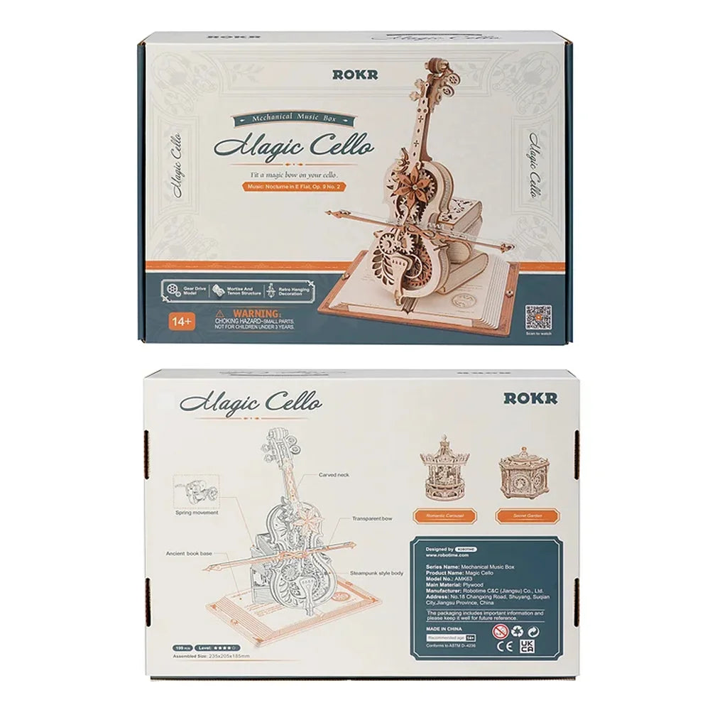 3D Wooden Puzzle Magic Cello Mechanical Music Box Moveable STEM\