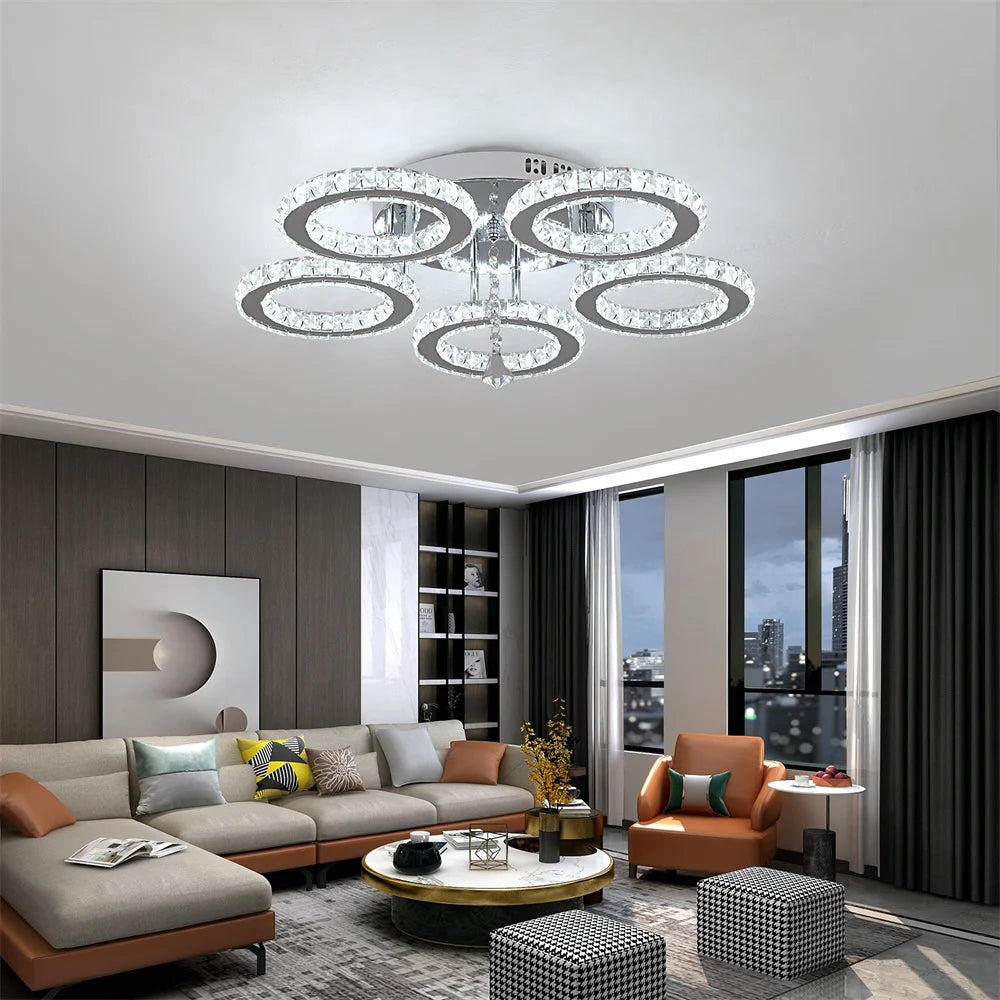 5 Fixture Flush Mount Rings, Dimmable, Crystal Chandalier
