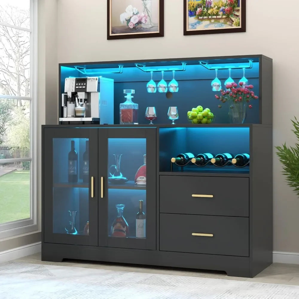 Wine Bar Cabinet with LED Light, with Wine and Glass Rack, Kitchen Buffet Sideboard