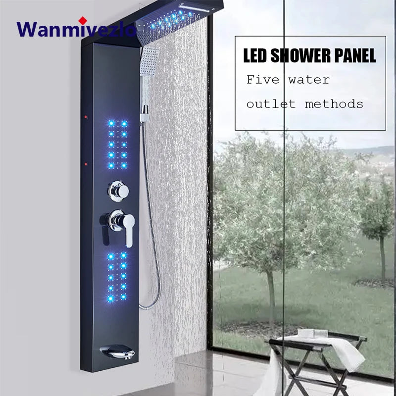 LED Shower Faucet Bathroom SPA Massage Jet Shower Matte Black
Column System Waterfall Rain Shower Panel Bidet Sprayer Tap