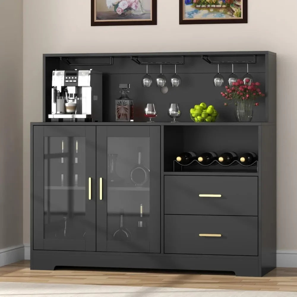 Wine Bar Cabinet with LED Light, with Wine and Glass Rack, Kitchen Buffet Sideboard