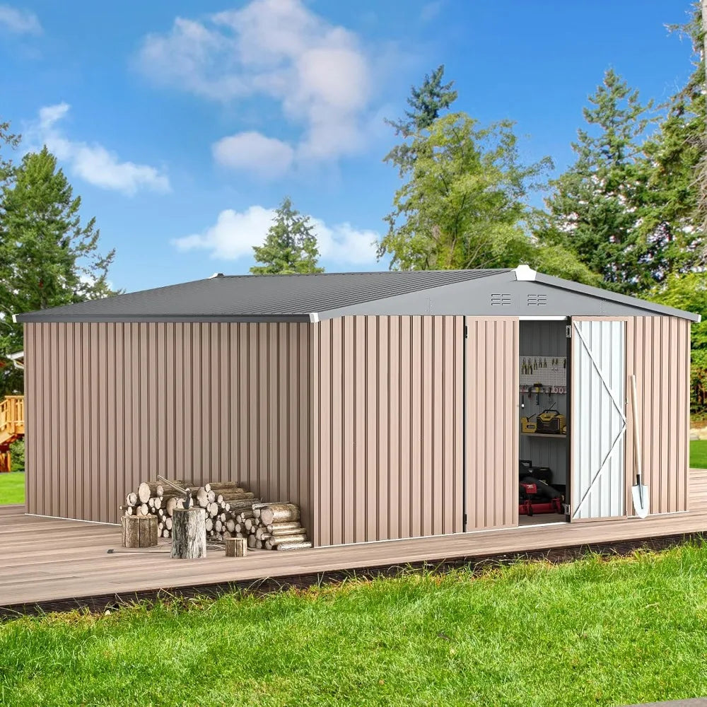 14 'x 12' Shed Outdoor Metal Storage, Large Steel Courtyard Shed,
Garden, Backyard, Terrace, Outdoor Tool Storage, Gray