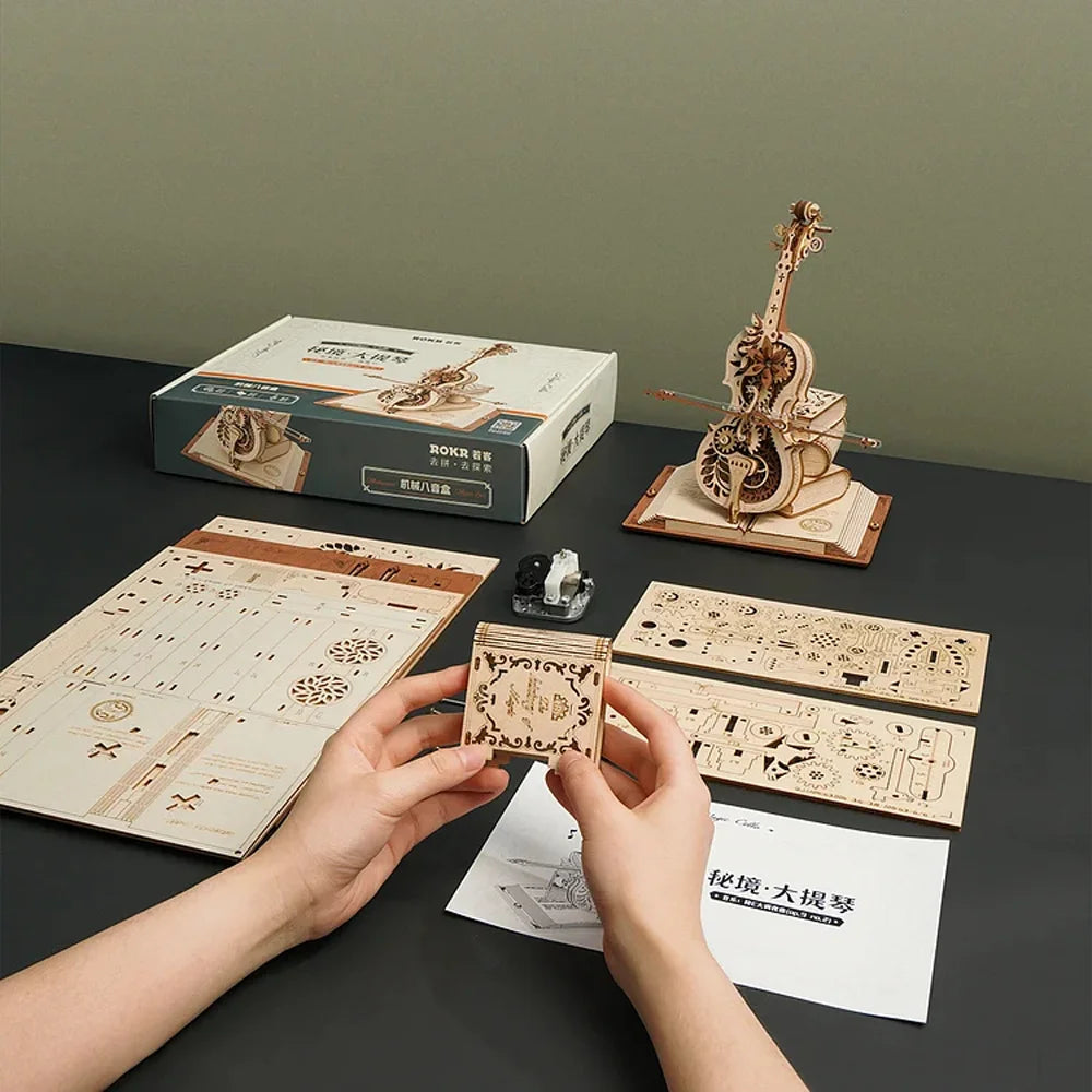 3D Wooden Puzzle Magic Cello Mechanical Music Box Moveable STEM\