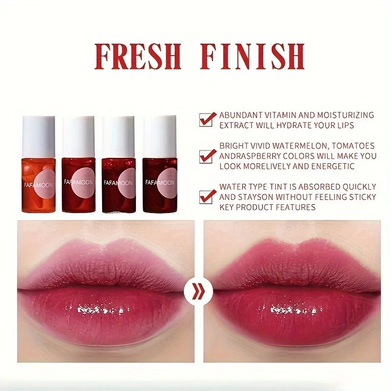 4 color Fruity Lip Tint Water Gloss Tint,Moisturizing Waterproof Liquid Lipstick ,Long-Lasting Colors