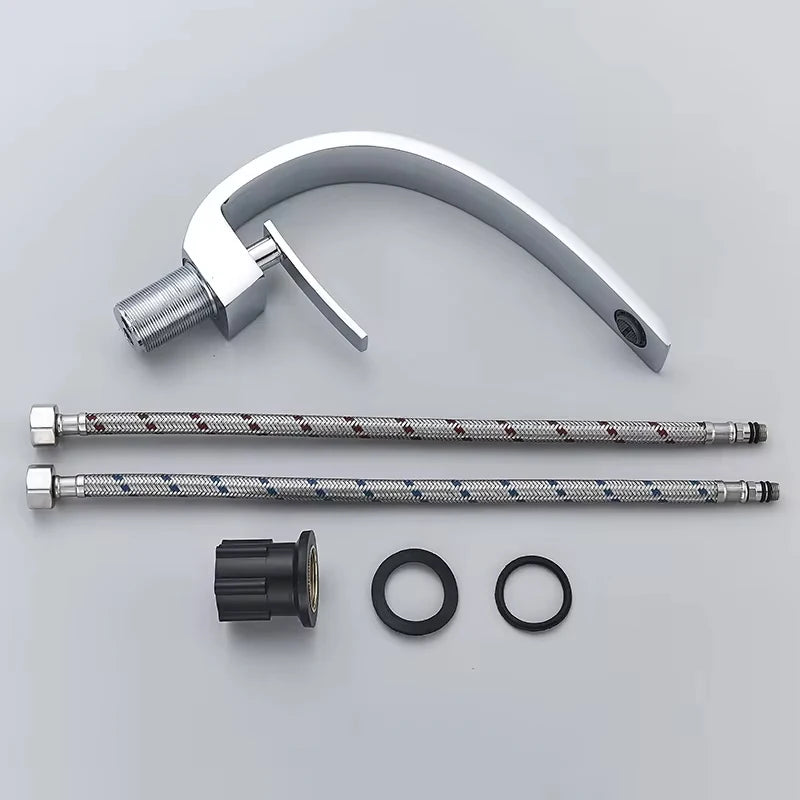 Brass Bathroom Faucet Basin Sink Faucet Single Handle Cold and Hot Mixer T
aps Beautiful Curve Design Deck installation