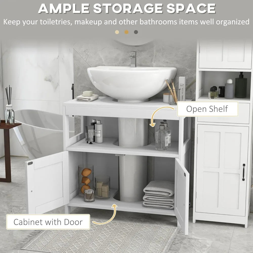 Pedestal Sink Storage Cabinet, Under Sink Cabinet with 2 Doors and Open Shelf