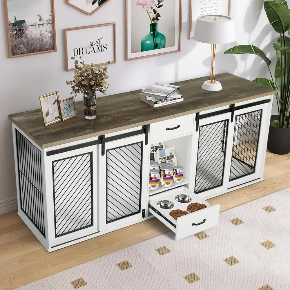 Large Dog Crate Furniture, 85" Sliding Door Double Kennel,
Wooden Dogs Crate Kennel Furniture with 4 Dog Bowls and Drawer Indoor