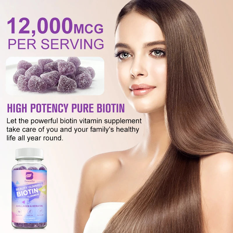 Vitamin Biotin Gummies 12,000 mcg for Stronger Hair, Skin & Nails - 60 Gummies