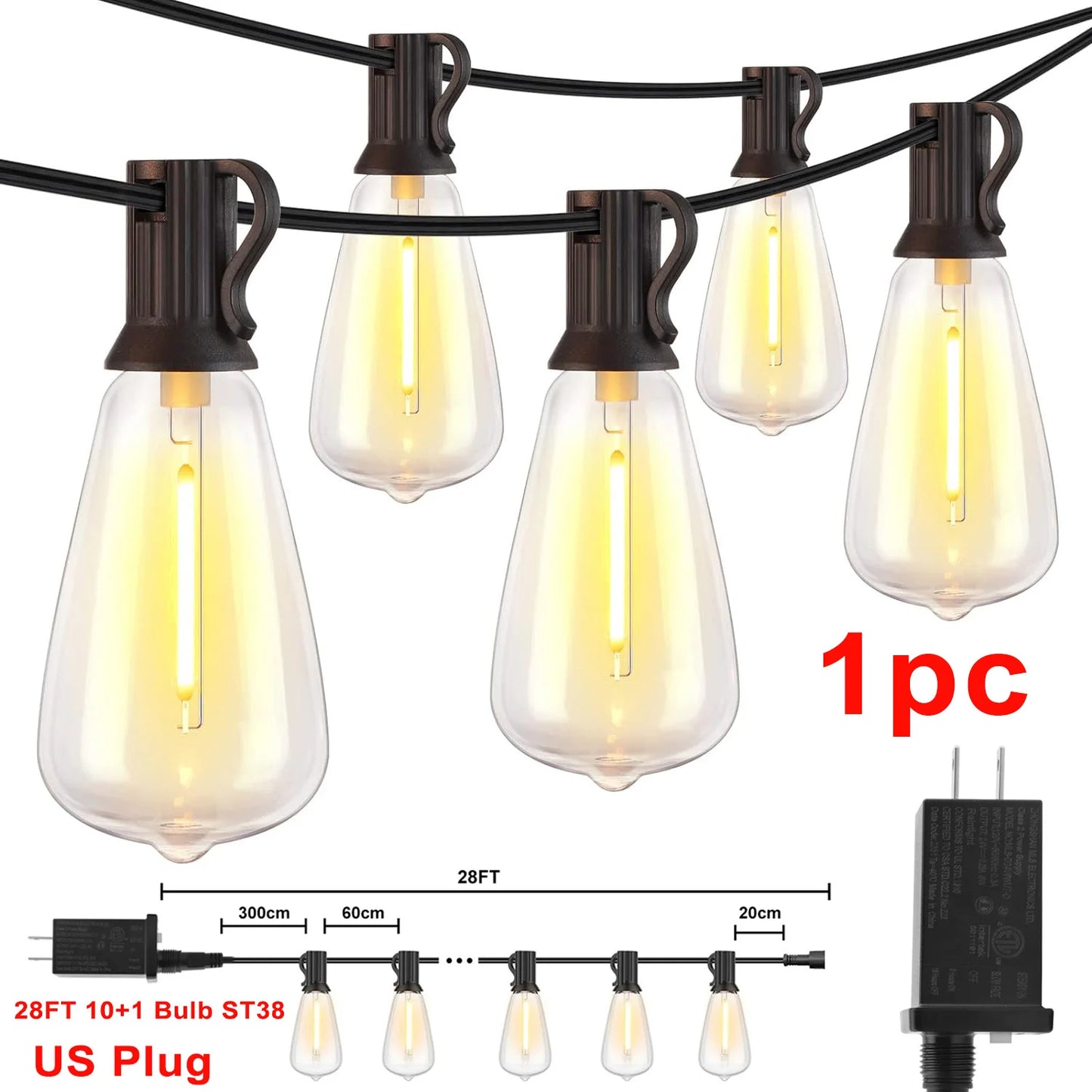 28FT US Plug ST38 String Light Outdoor, 1/2/3/4pcs 10+1 LED