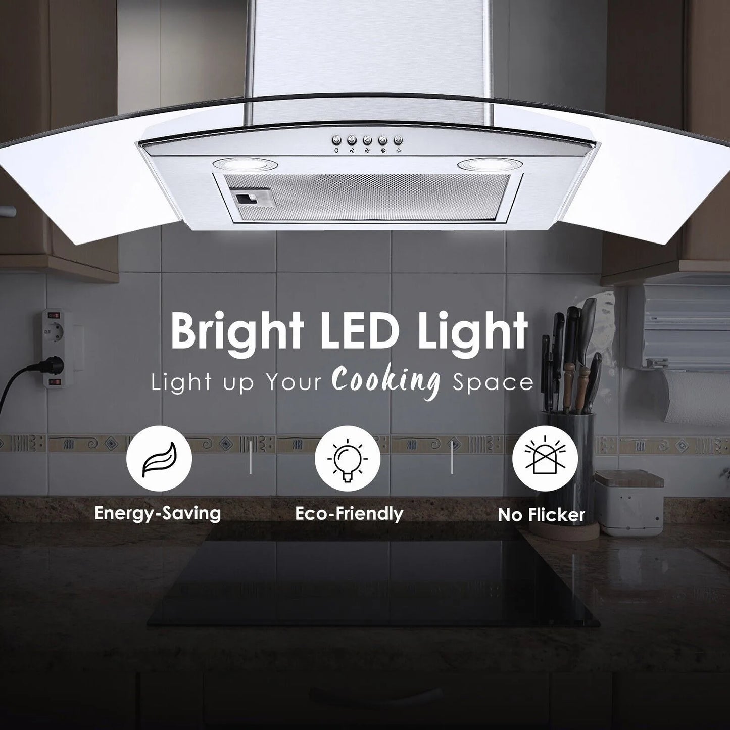 30 inch Kitchen Wall Mount Tempered Glass Vented 3-Speed Fan Range Hood