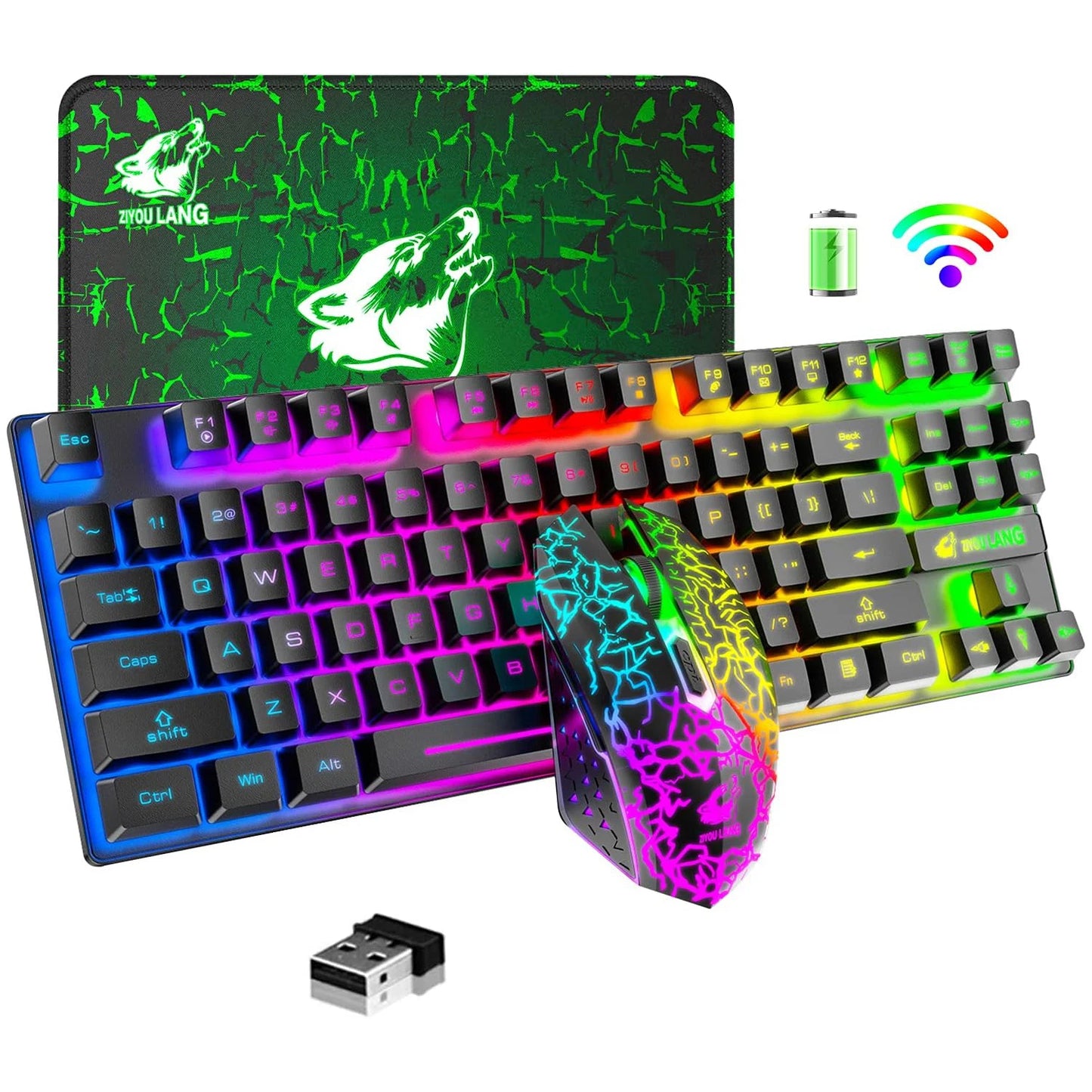 Wireless Gaming Keyboard and Mouse Comb
,Rainbow Backlit Rechargeable 3800mAh Battery,
87 Keys Mechanical Feel Keyboard