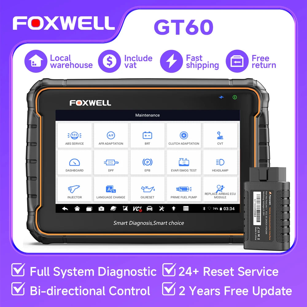 GT60 Professional
OBD2 Automotivo Scanner
24+ Reset ABS SAS TPMS Reset ODB 2 OBD2 Scanner All System Diagnostic Tool