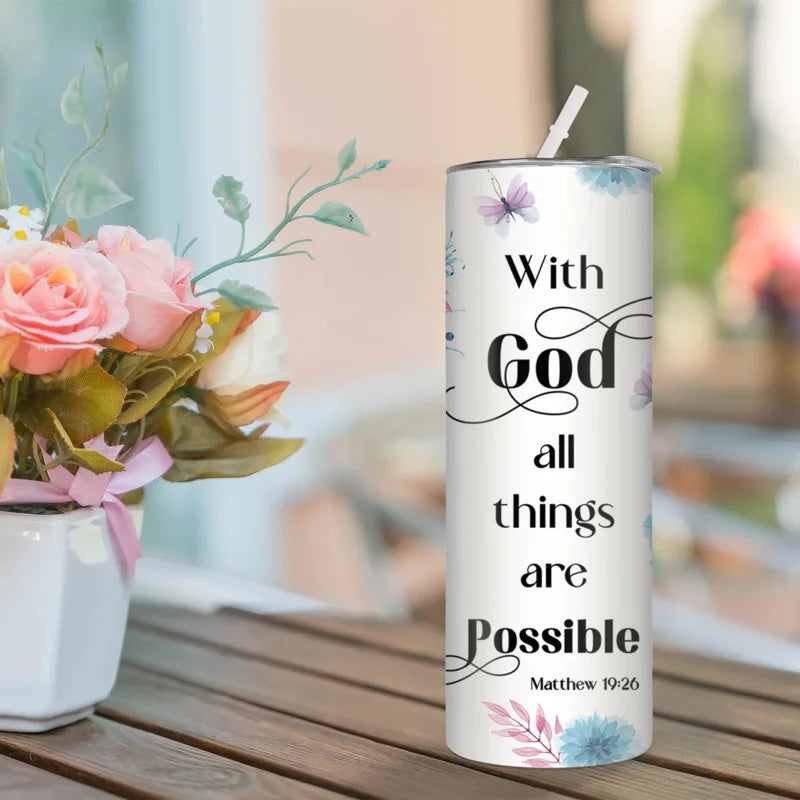 1pc 20oz With God All Things Are Possible Tumbler With Lid And Straw Christian Insulated