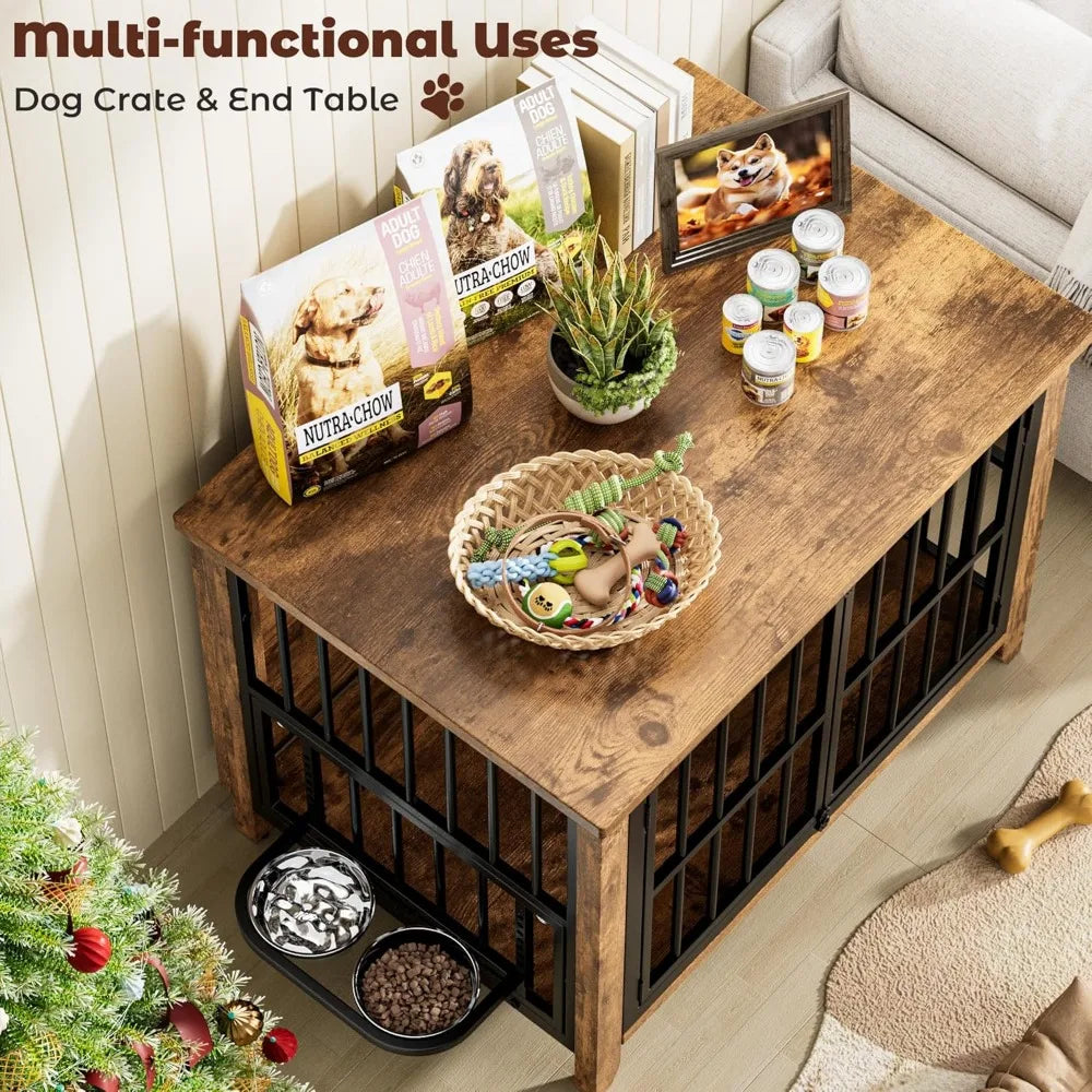 Dog Crate Furniture, Wooden Dog Kennel Indoor with Adjustable 360°
& Height Bowls, Double Doors Furniture Dog Crates End Table