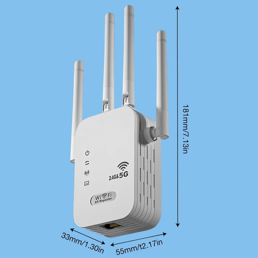 1200Mbps Wireless WiFi Repeater with WAN/LAN Port Dual-Band 2.4GHz/5GHz
WiFi Extender 4 Antennas Wi-Fi Signal Booster