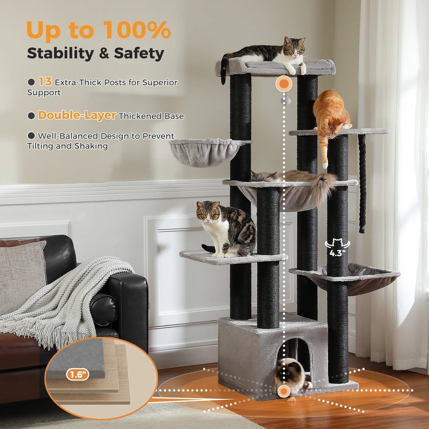 Multi-Level Cat Tree with Scratching Posts, Cozy Condo, Super Large Perch, Deep Hammocks,
Tall Cat Tower for Indoor Adult Cats