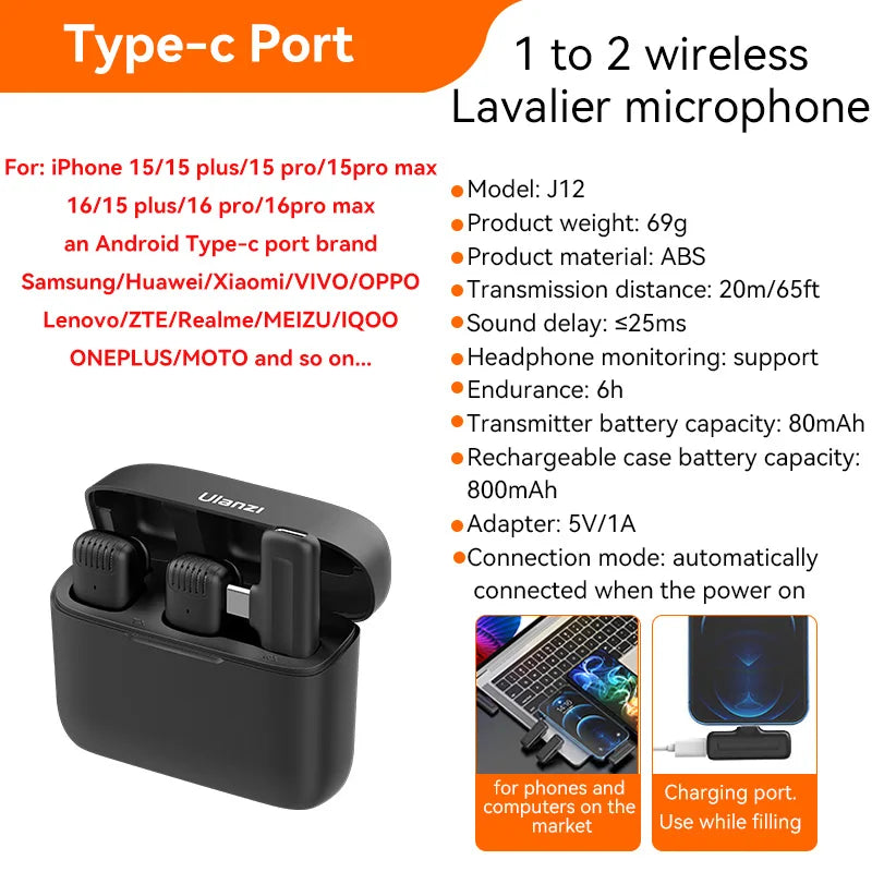 J12 Professional Wireless Lavalier Microphone For iPhone Android PC
Live Broadcast Gaming Audio Video Recording Mini Mic