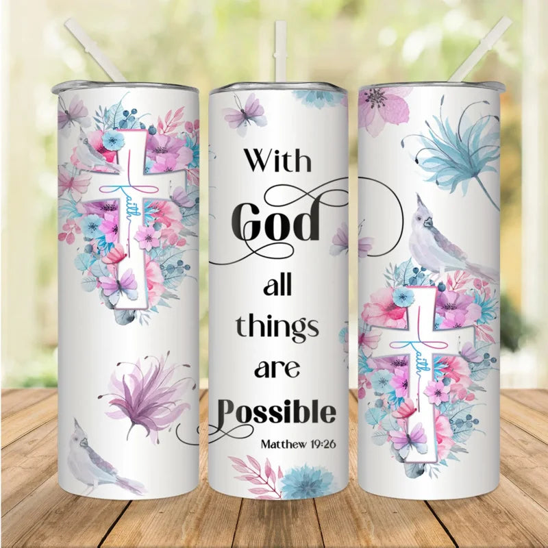 1pc 20oz With God All Things Are Possible Tumbler With Lid And Straw Christian Insulated