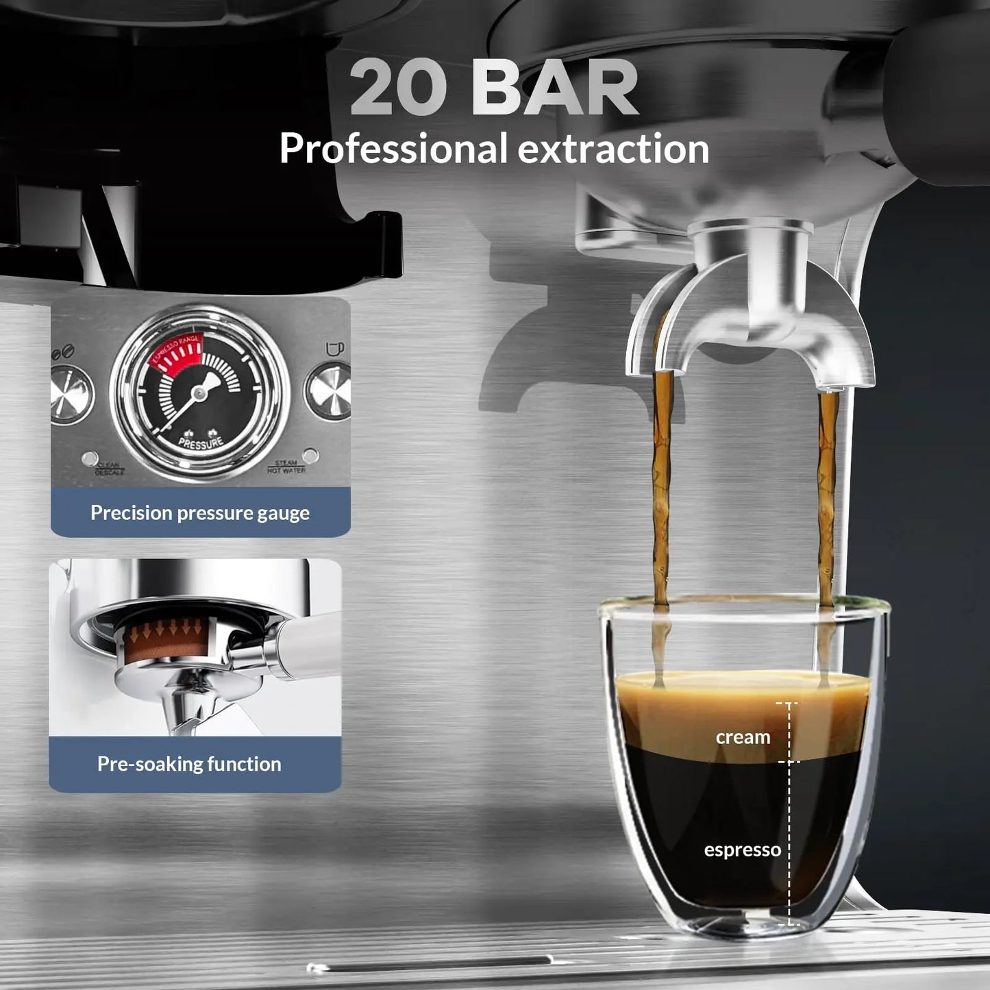 Espresso Coffee Maker With Grinder
20 Bar Stainless Steel Professional Espresso Coffee Maker With Milk Frother, 2.8L Water Tank