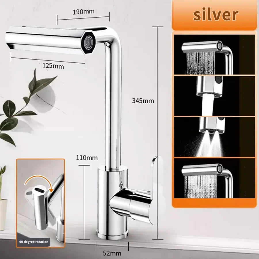 4 Modes Waterfall Kitchen Faucet Universal 360°Rotating Swing Arm
Stainless Steel Hot Cold Single Hole Deck Mounted Sink Tap