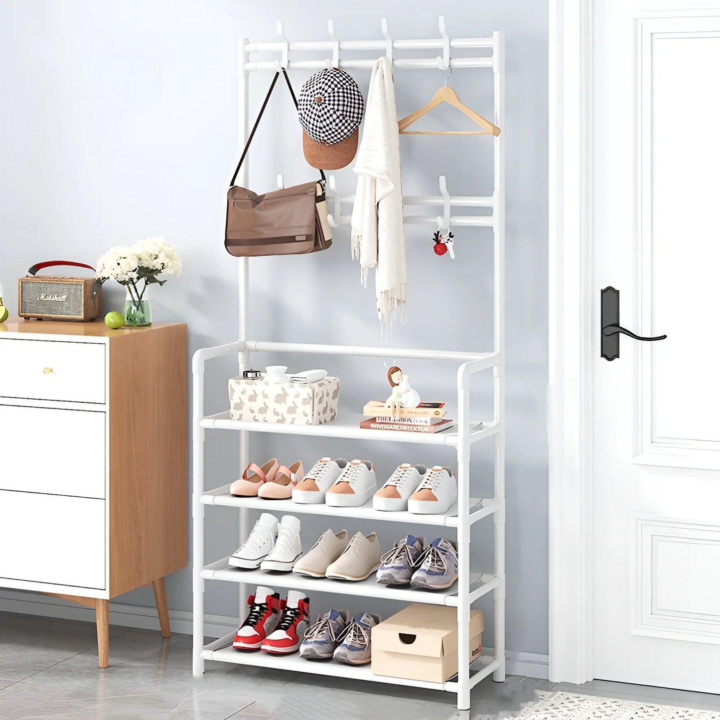 Shoe Rack Coat Rack Strand Simple Metal Storage Rack with Hooks