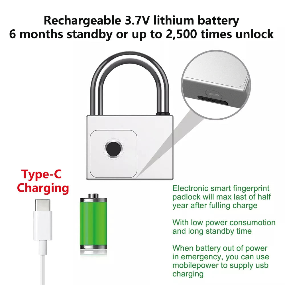 Smart Padlock Fingerprint Waterproof USB Charging Quick Identification Unlock Sensor High Quality P70/P55/PQ1