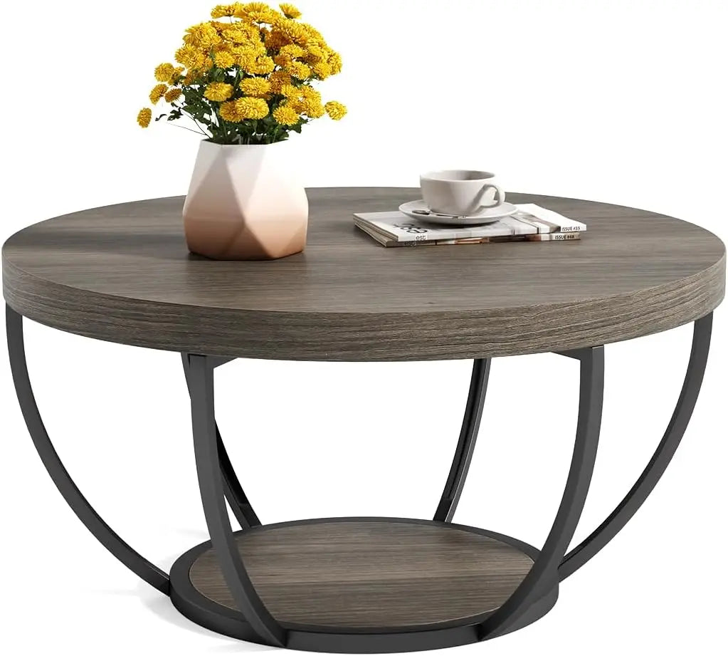 32" Circle Marble Coffee Table, 2-Tier Metal Legs Accent Center Table with Open Storage
