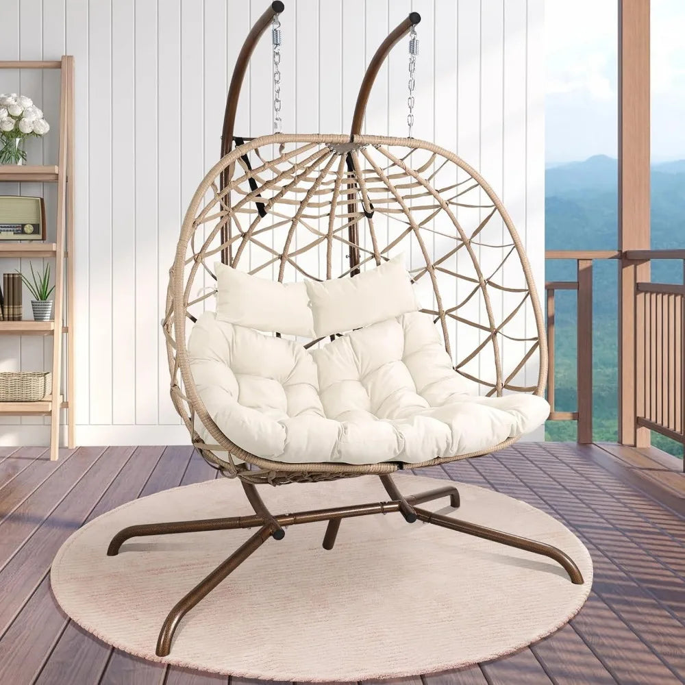 Outdoor Egg Swing Chair with Stand, 2 Person Patio Swing Chairs with Thick Cushions and Pillows