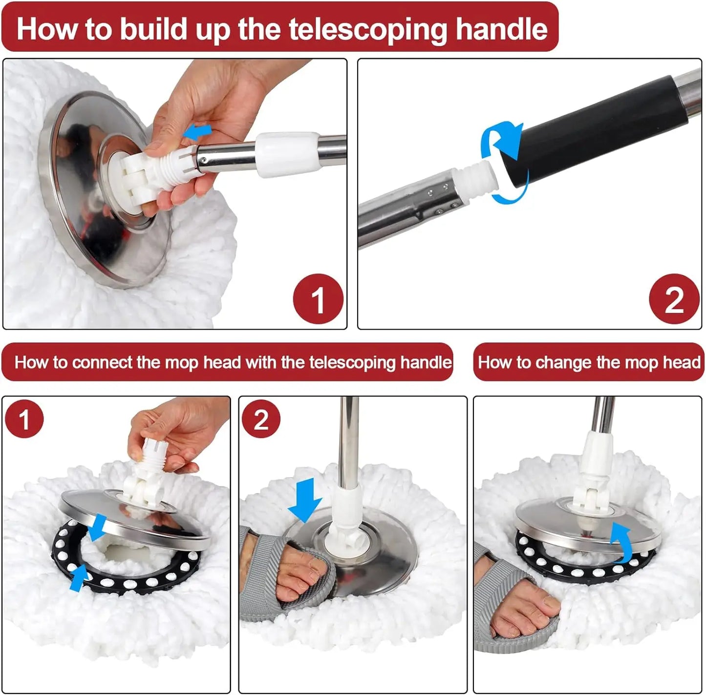 360° Spin Mop Bucket Sets with Wring System
3 Microfiber Heads, Stainless Steel Basket 61" Extended Handle Floor Cleaning
