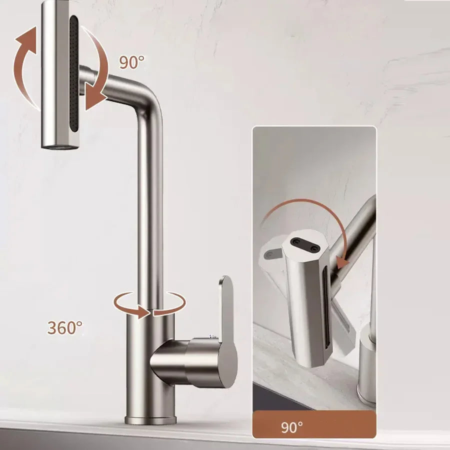 4 Modes Waterfall Kitchen Faucet Universal 360°Rotating Swing Arm
Stainless Steel Hot Cold Single Hole Deck Mounted Sink Tap