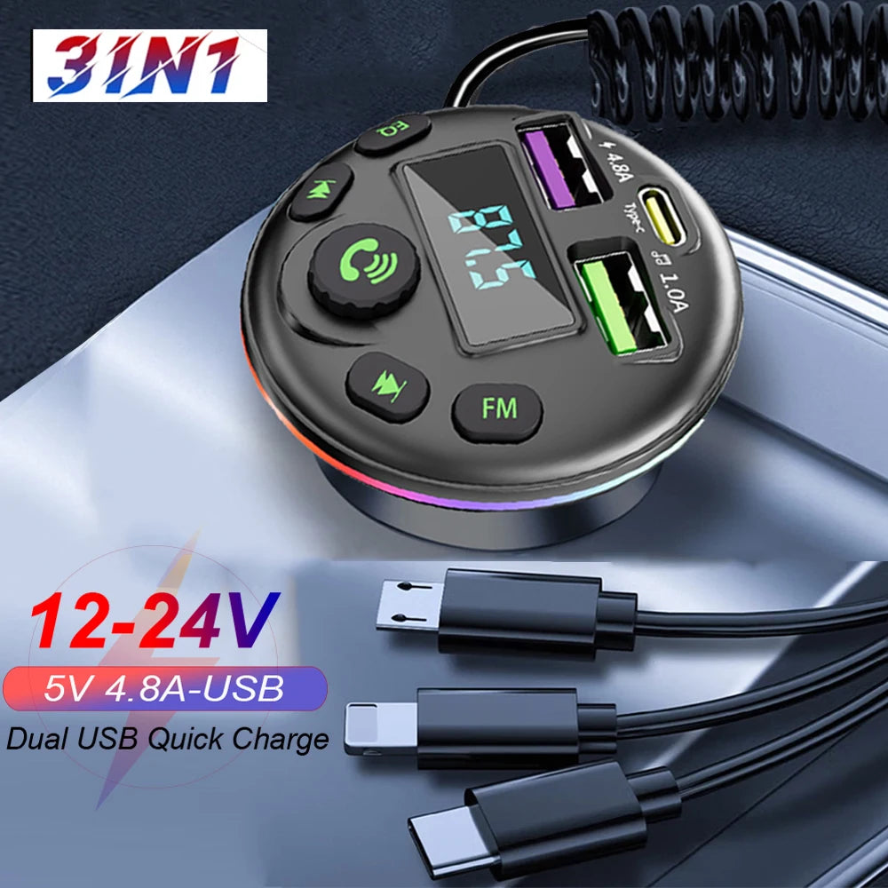 Car Bluetooth 5.0 FM Transmitter MP3 Modulator Player
Handsfree Audio Receiver With 3 in 1 Charge Cable for IPhone Huawei Xiaomi