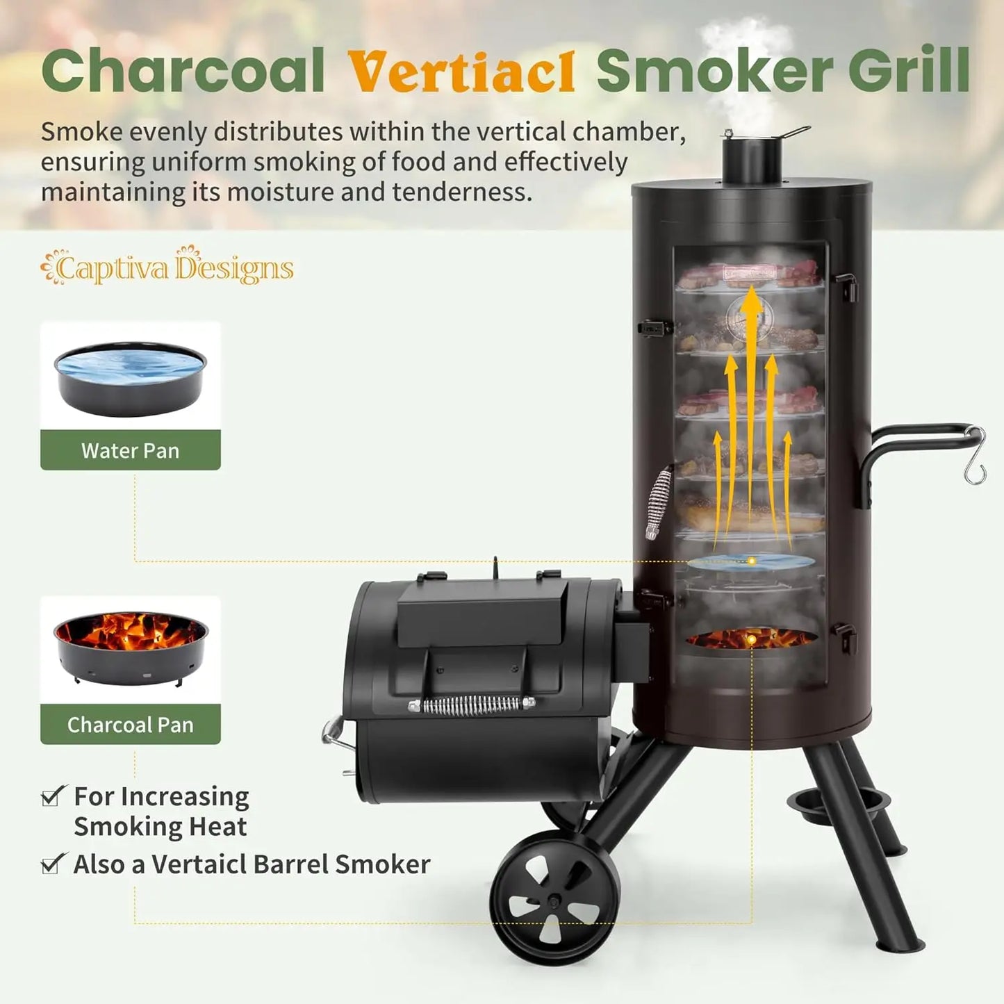 Charcoal Vertical Smoker Grill and Offset Smoker Grill Combo with 5 Removable Grates