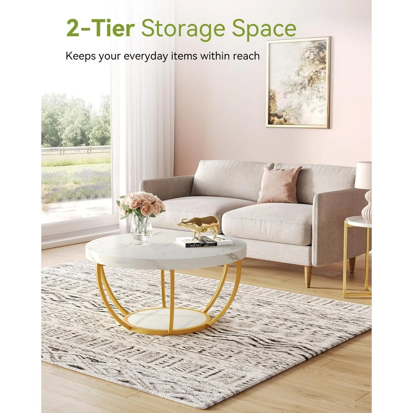 32" Circle Marble Coffee Table, 2-Tier Metal Legs Accent Center Table with Open Storage