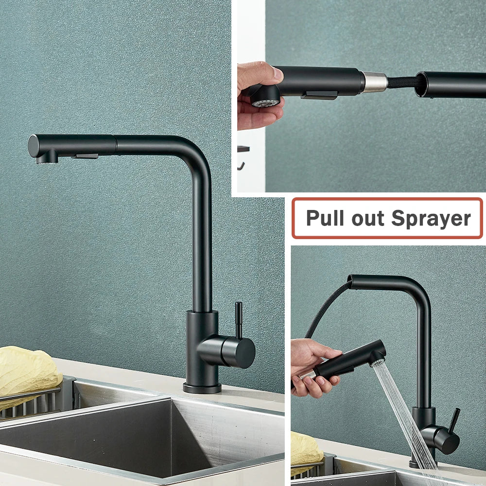 Black Flexible Pull Out Kitchen Faucet Stainless Steel
2 Modes Nozzle Faucets 360 Degree Rotating Hot Cold Water Sink Mixer Tap