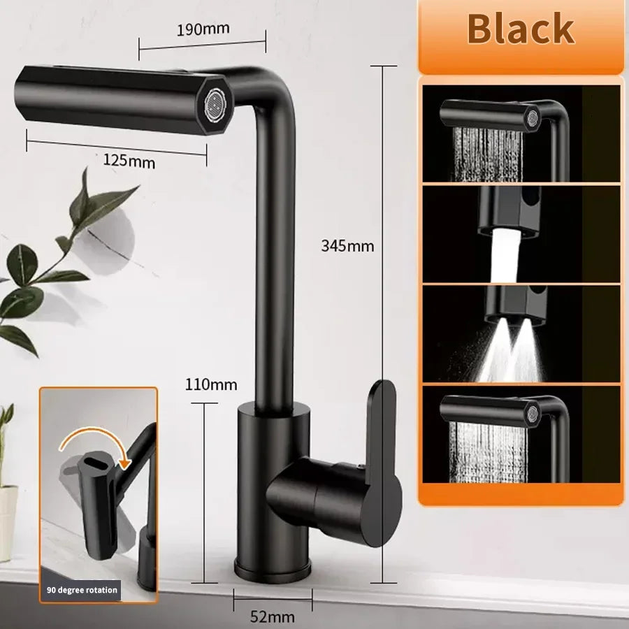 4 Modes Waterfall Kitchen Faucet Universal 360°Rotating Swing Arm
Stainless Steel Hot Cold Single Hole Deck Mounted Sink Tap