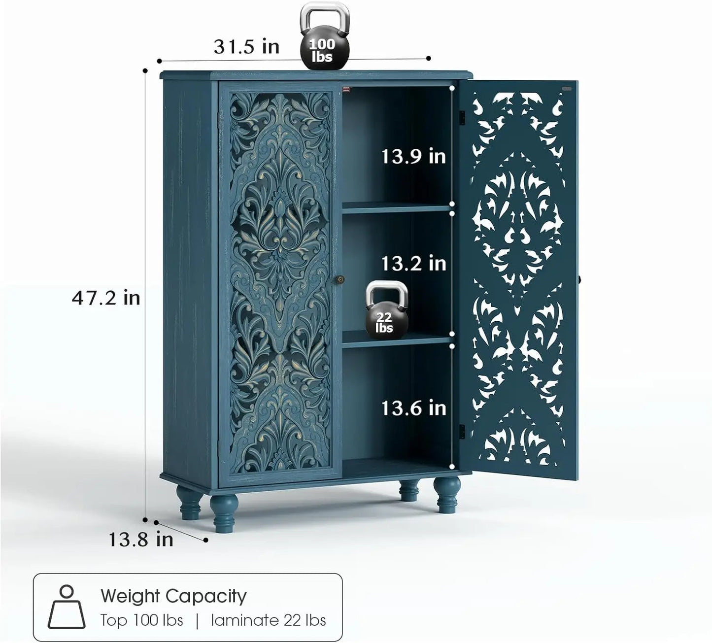 Accent Cabinet with 2 Doors,47" Tall Narrow Cabinet with Solid Wood Legs
,Decorative Cabinet with Shelves for Living Room
