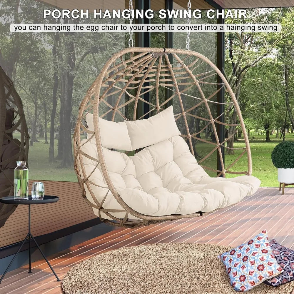 Outdoor Egg Swing Chair with Stand, 2 Person Patio Swing Chairs with Thick Cushions and Pillows