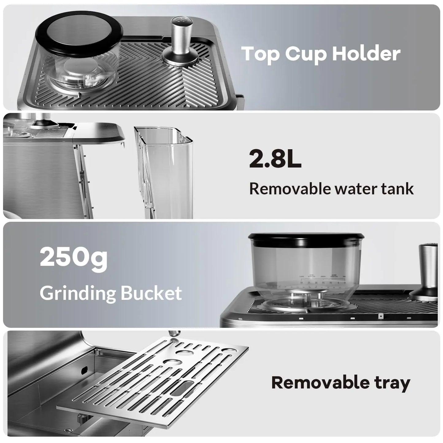 Espresso Coffee Maker With Grinder
20 Bar Stainless Steel Professional Espresso Coffee Maker With Milk Frother, 2.8L Water Tank