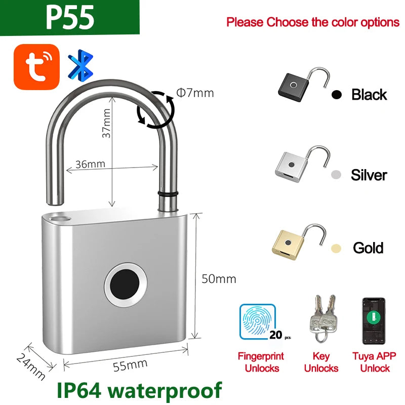 Smart Padlock Fingerprint Waterproof USB Charging Quick Identification Unlock Sensor High Quality P70/P55/PQ1