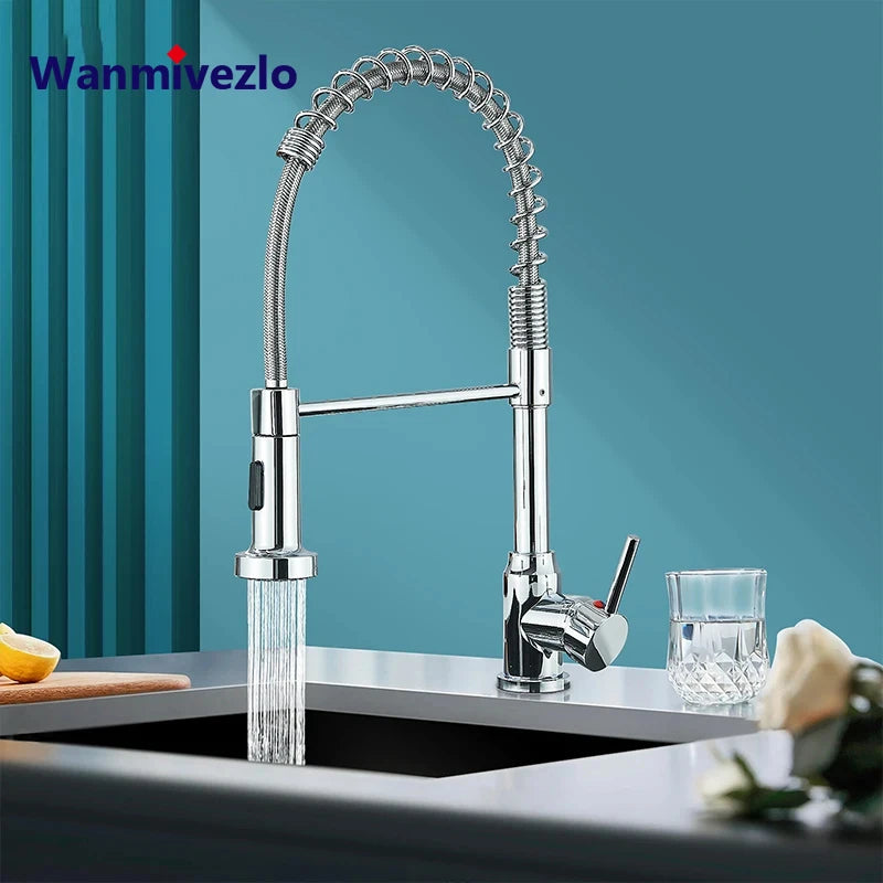 Chrome Spring Pull Down Kitchen Faucets
Stream Spray Head Hot Cold Water Tap Stainless Steel