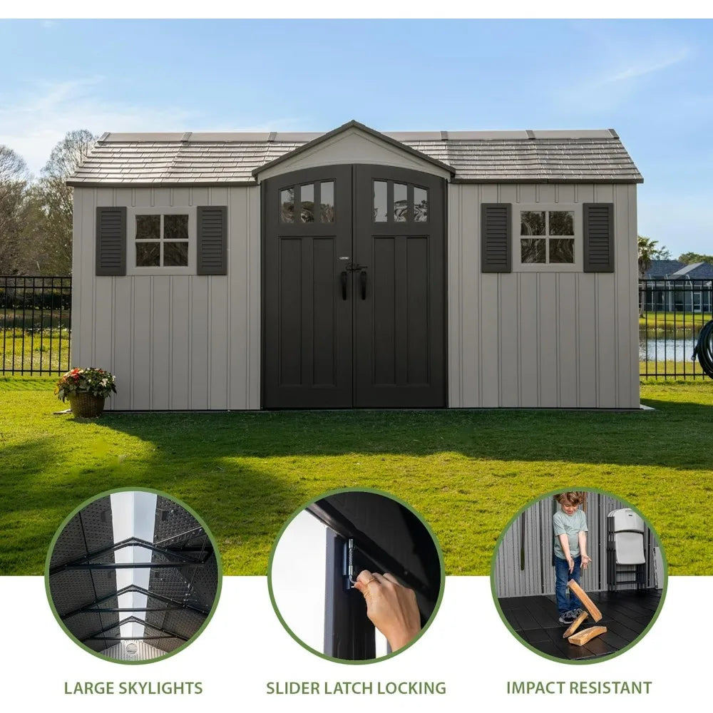 Dual Entry Outdoor Storage Shed, 15 x 8 Foot Sheds & Storage
for Garden Backyard, Patio, Lawn, Brown Gray Dual Entry