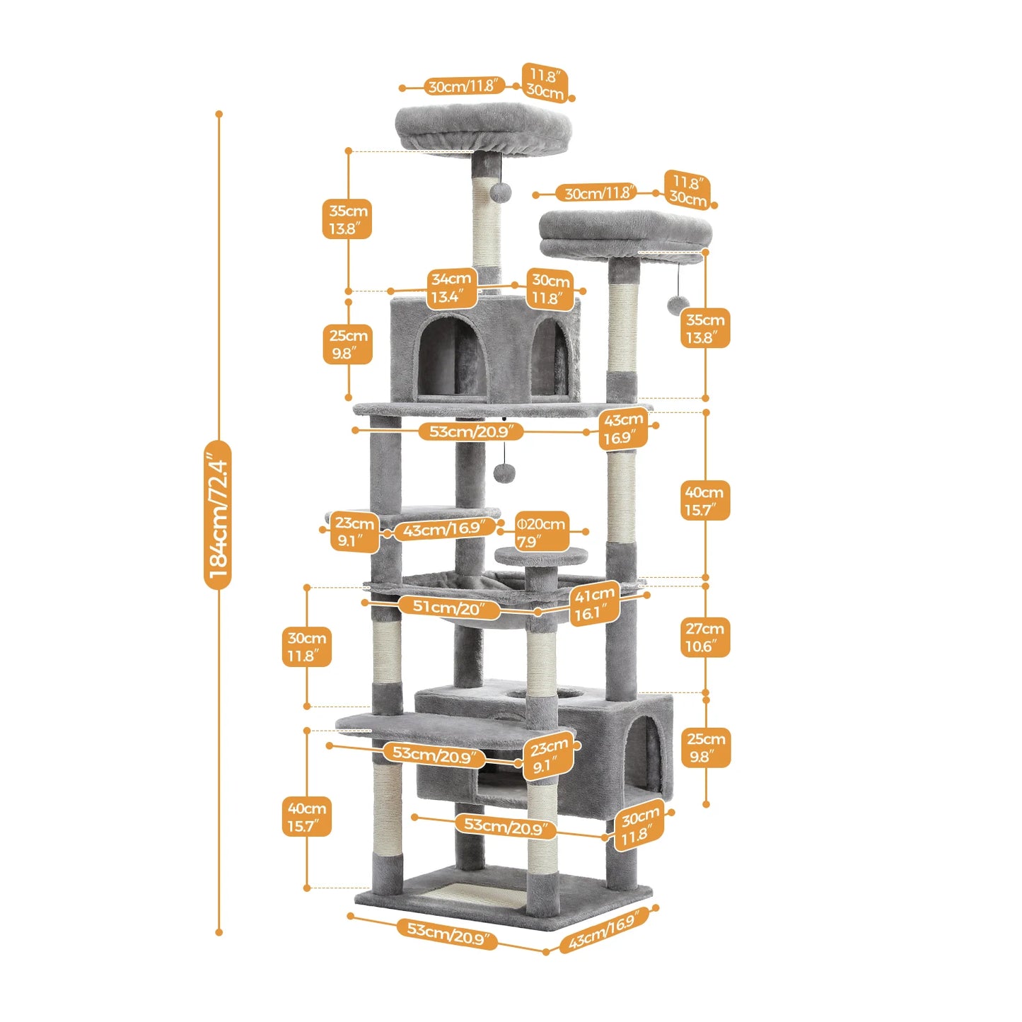184cm Large Cat Tree and Tower for Indoor Cats With Sisal-Covered
Scratching Posts Spacious Hammock Padded Perches and Condos