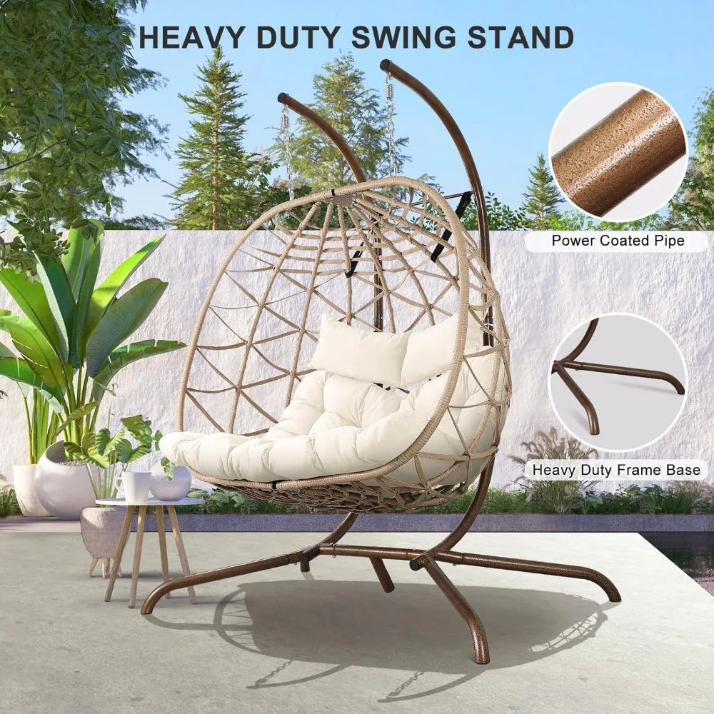 Outdoor Egg Swing Chair with Stand, 2 Person Patio Swing Chairs with Thick Cushions and Pillows