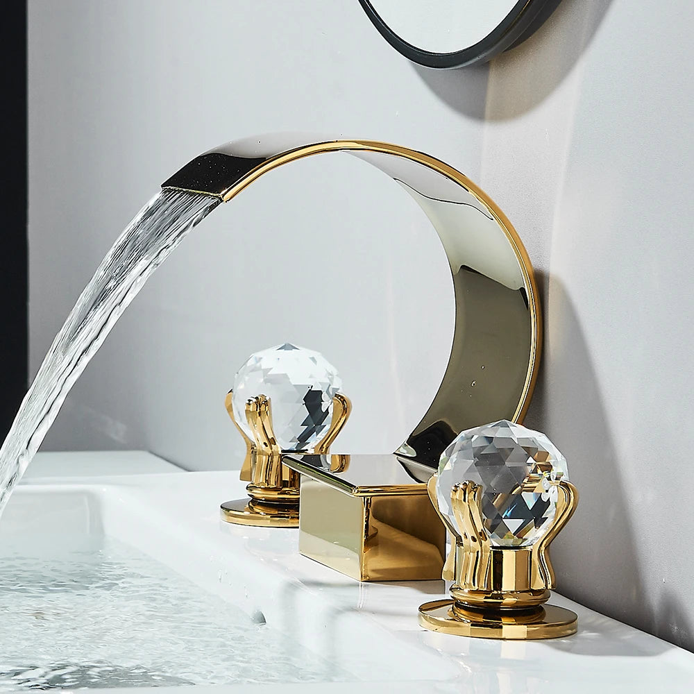 Gold Waterfall Bathroom Faucet Crane Crystal Handle